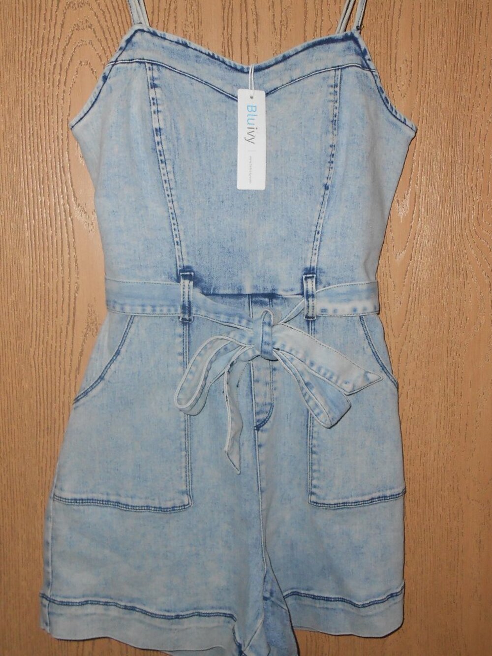 Bluivy Denim Shorts Romper Jumper Sleeveless Spaghetti Strap Belt MD NWT